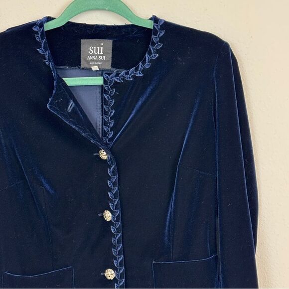VTG Anna Sui Embroidered Blue Velvet Blazer 38/S *Missing Button - Picture 2 of 11